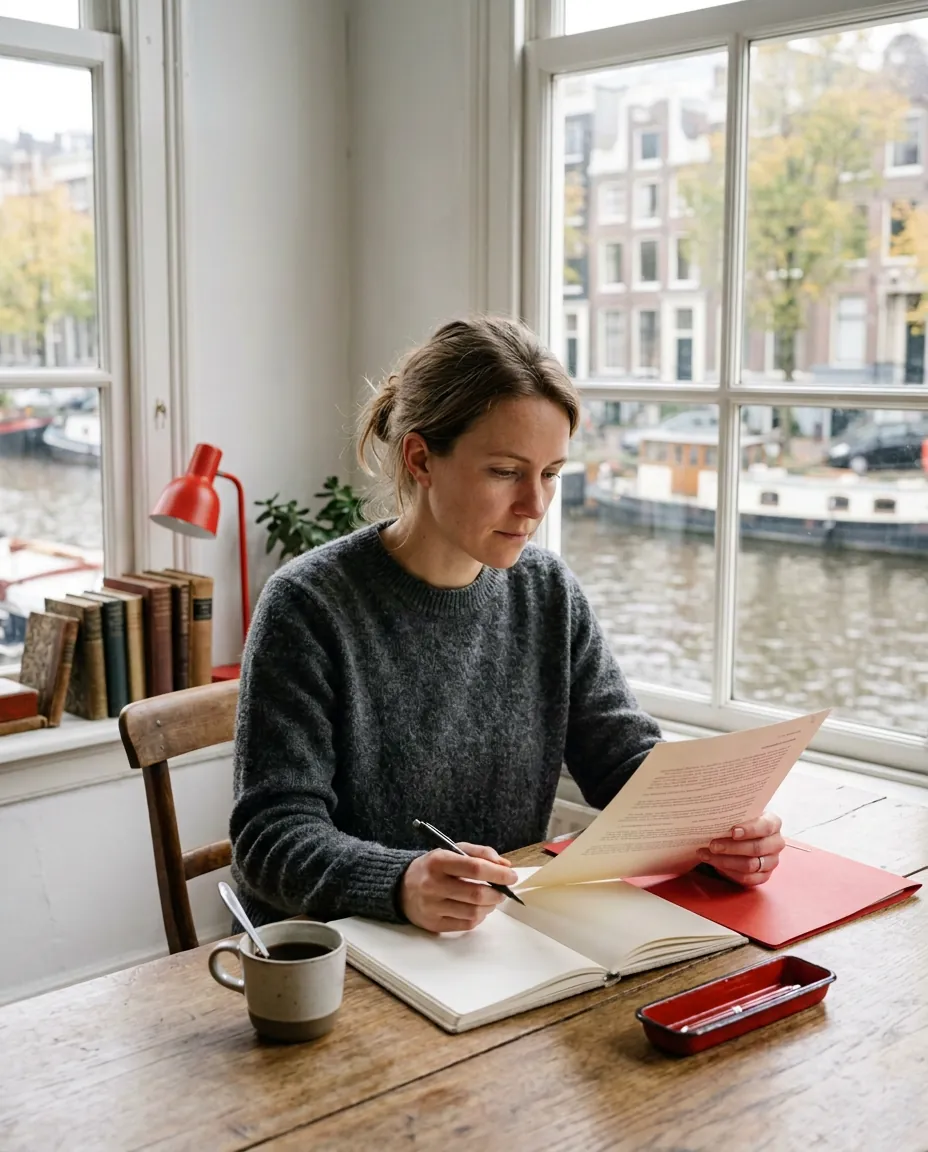 A strategist reading a printed brief by the window