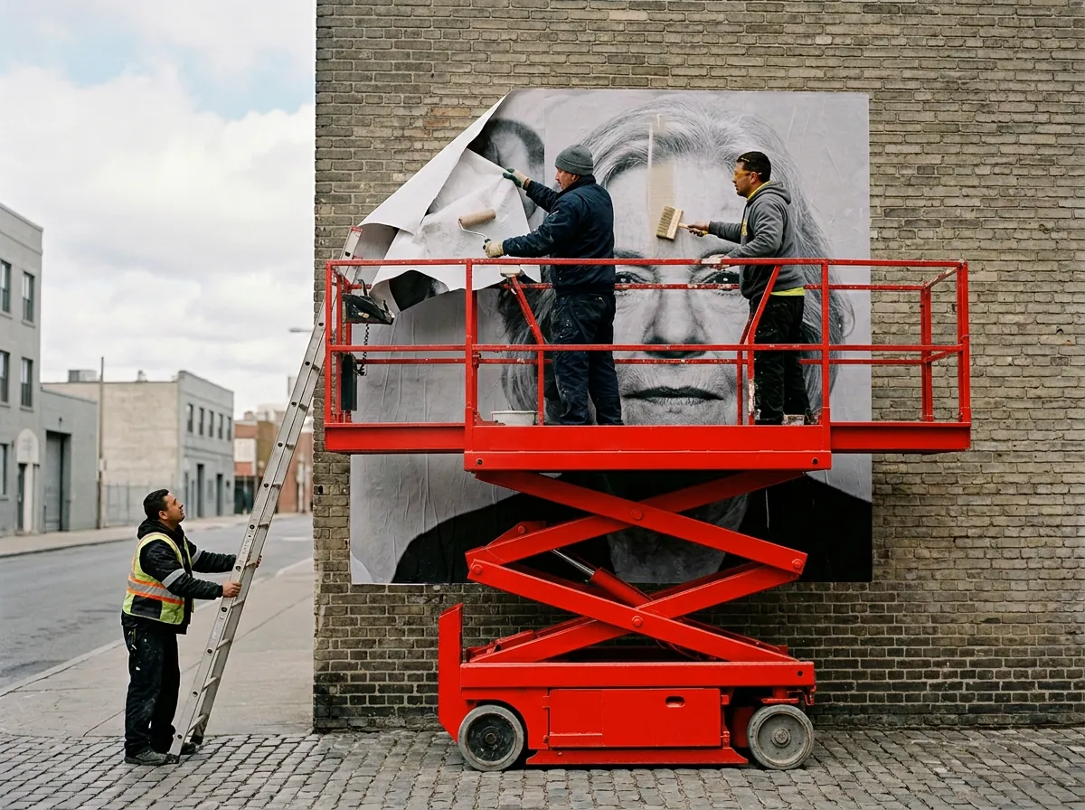 Crew pasting a giant campaign poster onto a building at night