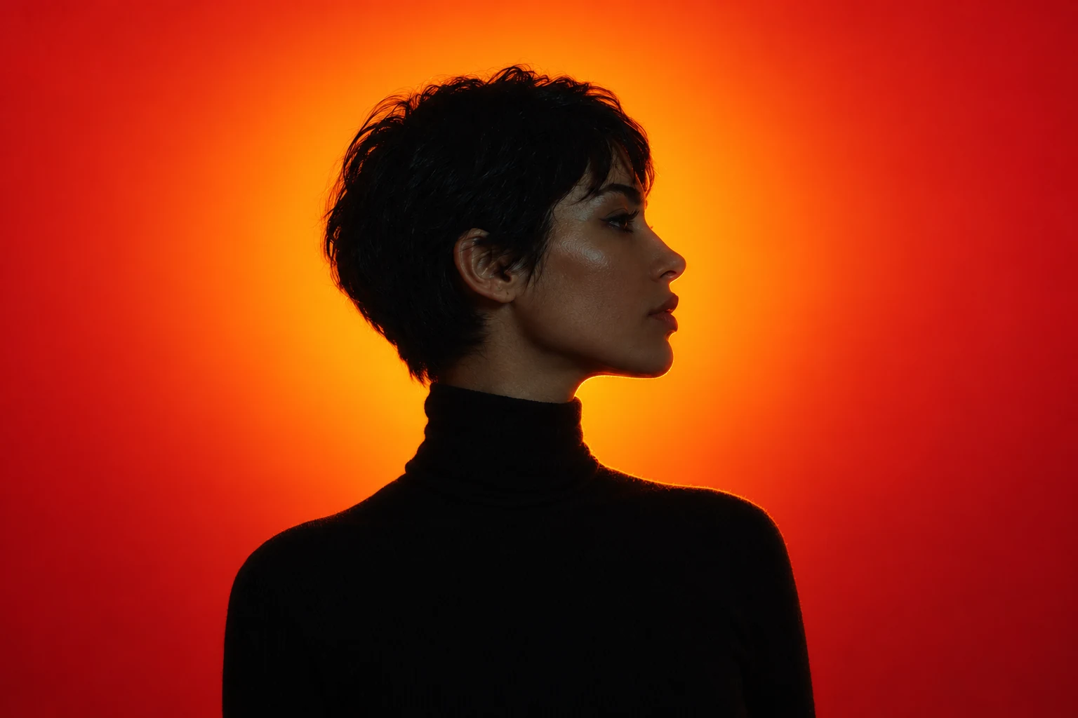 Woman in profile, silhouetted against glowing red-orange light